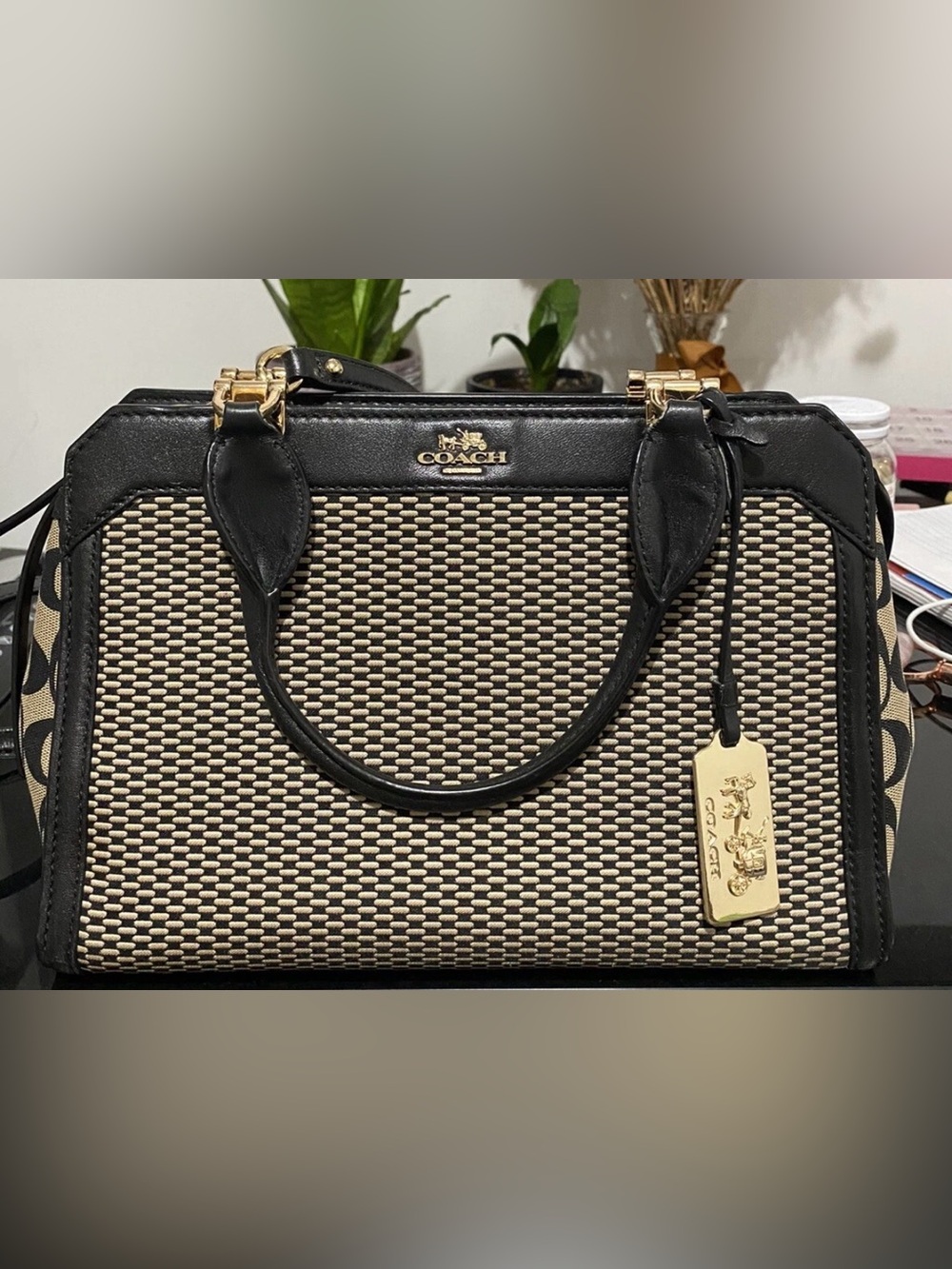 Coach Black and Cream Woven Signature Satchel with Gold Hardware